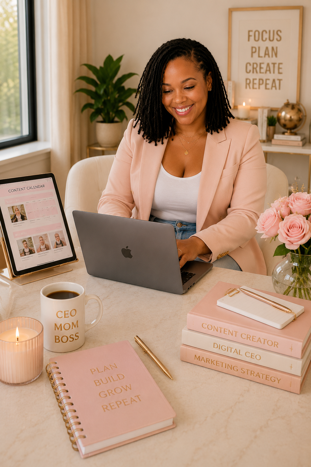Founder of MyMomnetize working at her desk